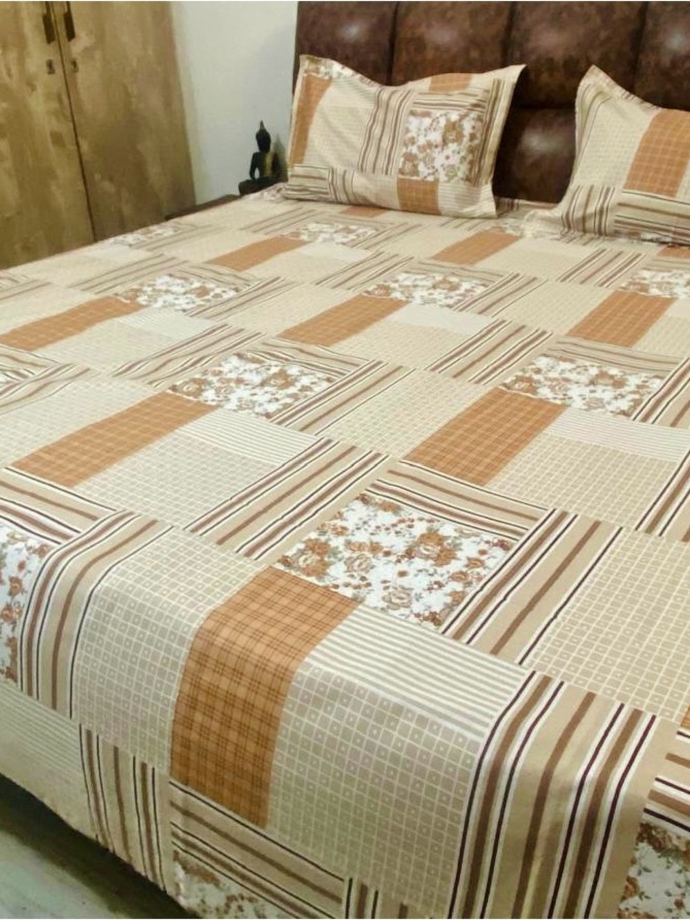 100% Cotton Fabric in Neutral Beige and Tan Patchwork Bed Sheet Set..DM for more